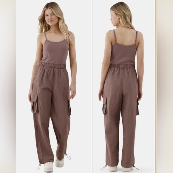 No Boundaries Dusty Rose Mauve Cargo Jumpsuit Wide Leg Mixed Media Junior's XL - Picture 1 of 8